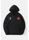 10 Kasıma Özel Üç İplik Kapşonlu Baskılı SweatShirt - Siyah