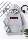 Çocuk Unisex Kapüşonlu Blackpink Baskılı Pamuklu Sweatshirt - Gri