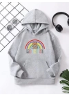 Çocuk Unisex Kapüşonlu Büyük Gökkuşağı Baskılı Pamuklu Sweatshirt - Gri