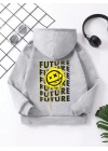 Çocuk Unisex Kapüşonlu Emoji Baskılı Sweatshirt - Gri