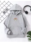 Çocuk Unisex Kapüşonlu Küçük Gökkuşağı Baskılı Sweatshirt - Gri