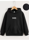 Çocuk Unisex Kapüşonlu Mini Kafa Baskılı Sweatshirt - Siyah