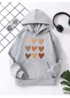 Çocuk Unisex Kapüşonlu Mini Kalpli Baskılı Sweatshirt - Gri