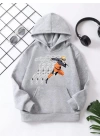 Çocuk Unisex Kapüşonlu Naruto Baskılı Pamuklu Sweatshirt - Gri