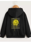 Çocuk Unisex Kapüşonlu Ön ve Arka Emoji Baskılı Sweatshirt - Siyah