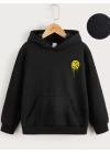 Çocuk Unisex Kapüşonlu Ön ve Arka Emoji Baskılı Sweatshirt - Siyah