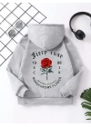 Çocuk Unisex Kapüşonlu Ön ve Arka Fiery Rose Baskılı Sweatshirt - Gri