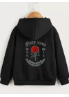 Çocuk Unisex Kapüşonlu Ön ve Arka Fiery Rose Baskılı Sweatshirt - Siyah