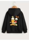 Çocuk Unisex Kapüşonlu Ön ve Arka Garfield Baskılı Sweatshirt - Siyah