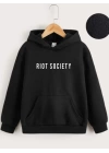 Çocuk Unisex Kapüşonlu Riot Society Baskılı Sweatshirt - Siyah