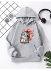 Çocuk Unisex Kapüşonlu Tatlı Kedi Baskılı Pamuklu Sweatshirt - Gri