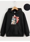 Çocuk Unisex Kapüşonlu Tatlı Kedi Baskılı Sweatshirt - Siyah