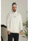 Erkek 24 Sırt Baskılı Ovresize Üç İplik Kapüşonlu Sweatshirt - Beyaz