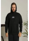 Erkek Baskılı Oversize Üç İplik Kapüşonlu Sweatshirt - Siyah