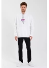 Erkek Baskılı Üç İplik Kapüşonlu Oversize Sweatshirt - Beyaz