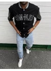 Erkek Complex Kolları Deri Kolej Oversize T-shirt - Siyah