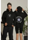 Erkek Sırt Baskılı Oversize Üç İplik Kapüşonlu Hoodie Sweatshirt - Siyah