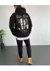 Erkek Sırt Baskılı Oversize Üç İplik Kapüşonlu Sweatshirt - Siyah