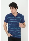 Erkek Yakalı Slim Fit Pike Çizgili T-Shirt - Mavi