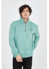 Erkek Yarım Fermuarlı Baskılı Sweat - Mint Yeşili