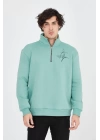 Erkek Yarım Fermuarlı Baskılı Sweat - Mint Yeşili