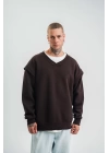 Geniş V yaka Kol Ribana Detaylı SweatShirt - Kahve