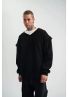 Geniş V yaka Kol Ribana Detaylı SweatShirt - Siyah