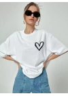 Kadın Bisiklet Yaka Baskılı Oversize T-Shirt - Beyaz