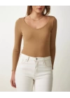 Kadın Fitilli Likralı Body Crop - Camel