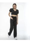 Kadin Keten Pantalon ve Crop Takım - Siyah