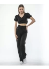 Kadin Keten Pantalon ve Crop Takım - Siyah