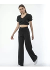 Kadin Keten Pantalon ve Crop Takım - Siyah