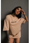 Kadın Sırt Baskılı Oversize T-shirt - Bej