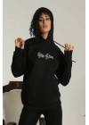 Kadın Sırt Baskılı Oversize Üç İplik Kapüşonlu Sweatshirt - Siyah