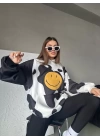 Kadın Smiley Face Kapüşonlu Sweatshirt - Siyah