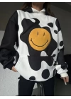 Kadın Smiley Face Kapüşonlu Sweatshirt - Siyah