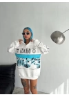 Kadın Yarım Fermuarlı Oversize Baskılı SweatShirt - Beyaz