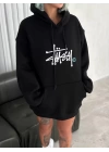 Üç İplik Kapşonlu Baskılı SweatShirt - Siyah