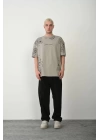 Unisex Baskılı Bisiklet Yaka Oversize T-Shirt - Boyalı Gri