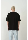 Unisex Baskılı Bisiklet Yaka Oversize T-Shirt - Siyah