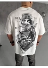 Unisex Baskılı Oversize T-Shirt - Beyaz