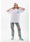 Unisex Baskılı Oversize T-Shirt - Beyaz