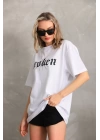 Unisex Baskılı Oversize T-Shirt - Beyaz