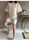 Unisex Baskılı Şortlu Oversize Takım - Beyaz