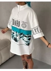 Unisex Baskılı Yarım Fermuarlı T-Shirt - Beyaz