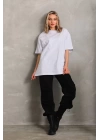 Unisex Bisiklet Yaka 20/1 Düz Oversize T-Shirt - Beyaz