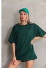 Unisex Bisiklet Yaka 20/1 Düz Oversize T-Shirt - Yeşil