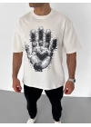 Unisex Bisiklet Yaka Baskılı Oversize T-Shirt - Beyaz