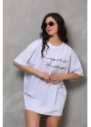 Unisex Bisiklet Yaka Baskılı Oversize T-Shirt - Beyaz