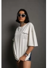 Unisex Bisiklet Yaka Baskılı Oversize T-Shirt - Beyaz